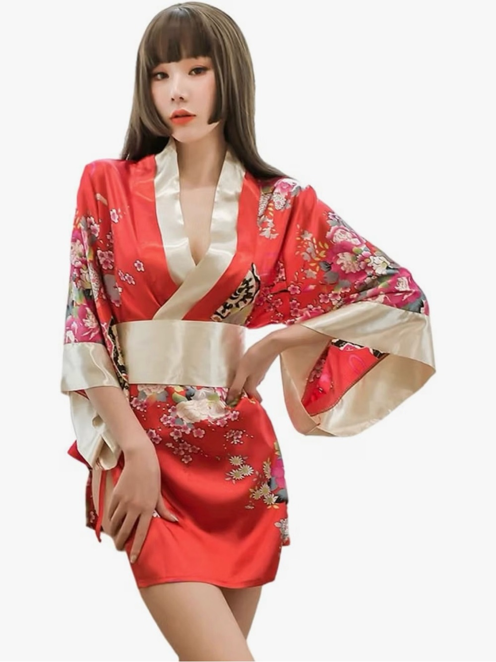 Red Floral Satin Kimono Robe with Cream Trim
